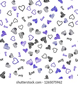 Dark BLUE vector seamless background with words of love, hearts. Colorful gradient phrase LOVE YOU, hearts in abstract style. Template for business cards, websites.