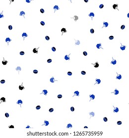 Dark BLUE vector seamless background with coffee, beans. Gradient illustration with set of mugs, beans. Pattern for menu of cafes and restaurants.