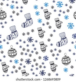 Dark BLUE vector seamless background with xmas snowflakes, balls, socks, mittens. Shining colorful illustration in christmas style. Pattern for design of fabric, wallpapers.