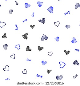 Dark BLUE vector seamless background with words of love, hearts. Design in doodle style with text LOVE YOU, hearts. Design for wallpaper, fabric makers.