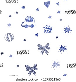 Dark BLUE vector seamless background with xmas attributes. Colorful illustration with a toy car, heart, baloon, tulip, candy, ball. Pattern for carnival, festival ads.