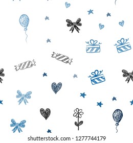 Dark BLUE vector seamless background in xmas style. Abstract illustration with aheart, baloon, candy, gift, star, ribbon. Template for new year postcards.