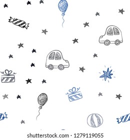 Dark BLUE vector seamless background in xmas style. Illustration with a gradient toy car, baloon, candy, star, ball. Design for holiday adverts.