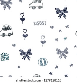 Dark BLUE vector seamless background with xmas attributes. Illustration with a gradient toy car, heart, baloon, tulip, candy, ball. Pattern for birthday gifts.