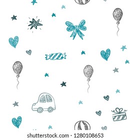 Dark BLUE vector seamless background with xmas attributes. Illustration with a gradient toy car, heart, baloon, tulip, candy, ball. Design for colorful commercials.