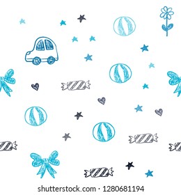 Dark BLUE vector seamless background with xmas attributes. Shining illustration with a toy car, heart, baloon, tulip, candy, ball. Pattern for carnival, festival ads.