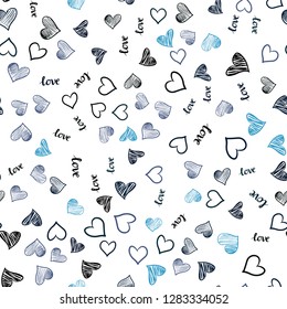 Dark BLUE vector seamless background with words of love, hearts. Design in doodle style with text LOVE YOU, hearts. Design for wallpaper, fabric makers.