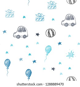 Dark BLUE vector seamless background in xmas style. Design in xmas style with a toy car, baloon, candy, star, ball. Template for new year postcards.