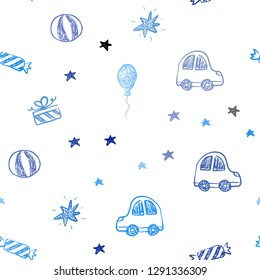 Dark BLUE vector seamless background in xmas style. Shining illustration with a toy car, baloon, candy, star, ball. Design for holiday adverts.