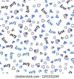 Dark BLUE vector seamless background with words of love, hearts. Colorful gradient phrase LOVE YOU, hearts in abstract style. Design for wallpaper, fabric makers.