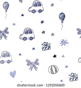 Dark BLUE vector seamless background with xmas attributes. Illustration with a gradient toy car, heart, baloon, tulip, candy, ball. Pattern for carnival, festival ads.