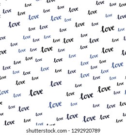 Dark BLUE vector seamless background with words of love. Decorative design in doodle style with text LOVE YOU. Texture for window blinds, curtains.