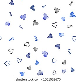 Dark BLUE vector seamless background with words of love, hearts. Colorful gradient phrase LOVE YOU, hearts in abstract style. Design for wallpaper, fabric makers.