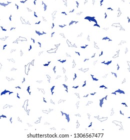 Dark BLUE vector seamless background with dolphins. Decorative design in natural style with sea dolphins. Natural design for wallpapers.