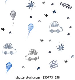 Dark BLUE vector seamless background in xmas style. Illustration with a gradient toy car, baloon, candy, star, ball. Template for new year postcards.