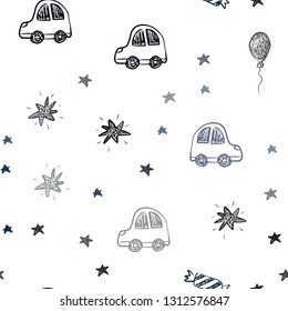 Dark BLUE vector seamless background in xmas style. Colorful illustration with a toy car, baloon, candy, star, ball. Pattern for new year ads.