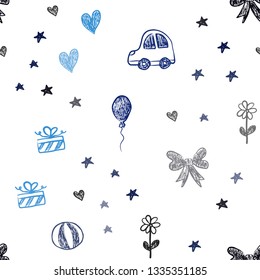 Dark BLUE vector seamless background with xmas attributes. Shining illustration with a toy car, heart, baloon, tulip, candy, ball. Pattern for carnival, festival ads.