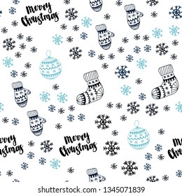 Dark BLUE vector seamless background with xmas snowflakes, balls, socks, mittens. Modern geometric abstract illustration. Pattern for trendy fabric, wallpapers.