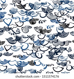 Dark BLUE vector seamless background with words of love, hearts. Design in doodle style with text LOVE YOU, hearts. Pattern for trendy fabric, wallpapers.