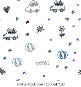 Dark BLUE vector seamless background with xmas attributes. Shining illustration with a toy car, heart, baloon, tulip, candy, ball. Pattern for new year ads.