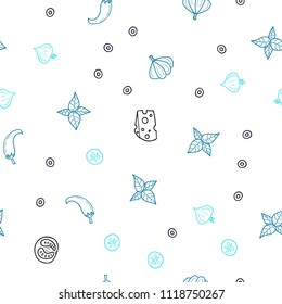 Dark BLUE vector seamless cover with cuisine gourmet. Blurred decorative design of snacks in doodle style. Pattern for ads of breakfast, lunch, dinner.