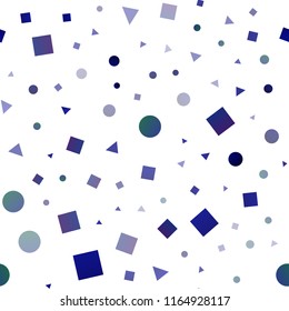Dark BLUE vector seamless cover in polygonal style with circles. Illustration with set of colorful circles, triangles, squares. Template for business cards, websites.