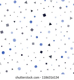 Dark BLUE vector seamless cover with polygonal style with circles. Illustration with set of colorful circles, triangles, squares. Pattern for trendy fabric, wallpapers.