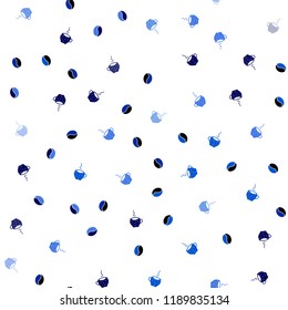 Dark BLUE vector seamless cover with set of coffee beans. Gradient illustration with set of mugs, beans. Pattern for menu of cafes and restaurants.