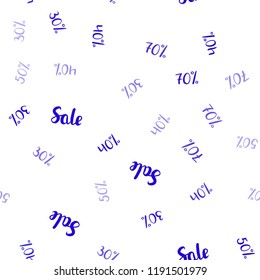 Dark BLUE vector seamless cover with symbols of 30, 40, 50 % sales. Colored words of sales with gradient on white background. Backdrop for mega promotions, discounts.