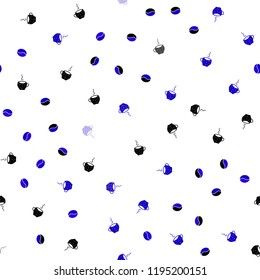 Dark BLUE vector seamless cover with set of coffee beans. Glitter abstract backdrop with gradient mugs, coffee grains. Pattern for ads of breakfast, lunch, dinner.
