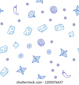 Dark BLUE vector seamless cover with cuisine gourmet. Blurred decorative design of snacks in doodle style. Pattern for ads of breakfast, lunch, dinner.