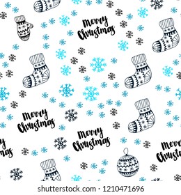 Dark BLUE vector seamless cover with beautiful snowflakes, balls, socks, mittens. Colorful illustration with xmas symbols. Pattern for trendy fabric, wallpapers.