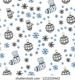 Dark BLUE vector seamless cover with beautiful snowflakes, balls, socks, mittens. Modern geometric abstract illustration. Pattern for design of fabric, wallpapers.