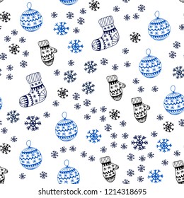 Dark BLUE vector seamless cover with beautiful snowflakes, balls, socks, mittens. Colorful illustration with xmas symbols. Design for textile, fabric, wallpapers.