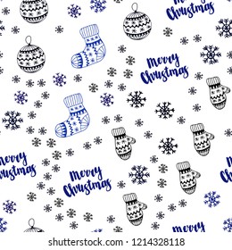 Dark BLUE vector seamless cover with beautiful snowflakes, balls, socks, mittens. Colorful xmas elements with gradient. Pattern for design of fabric, wallpapers.