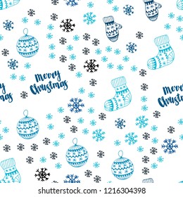 Dark BLUE vector seamless cover with beautiful snowflakes, balls, socks, mittens. Colorful xmas elements with gradient. Design for textile, fabric, wallpapers.