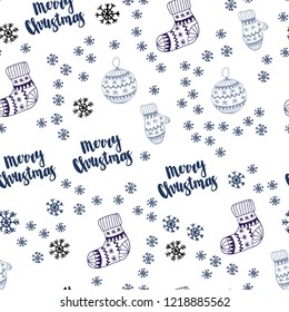Dark  Blue vector seamless cover with beautiful snowflakes, balls, socks, mittens. Colorful illustration with xmas symbols. Texture for window blinds, curtains.