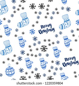 Dark BLUE vector seamless cover with beautiful snowflakes, balls, socks, mittens. Modern geometric abstract illustration. Template for business cards, websites.