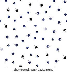 Dark BLUE vector seamless cover with set of coffee beans. Gradient abstract collection of coffee cups and beans. Doodle design for your business advert of cafes.