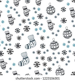 Dark BLUE vector seamless cover with beautiful snowflakes, balls, socks, mittens. Colorful xmas elements with gradient. Texture for window blinds, curtains.