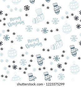 Dark BLUE vector seamless cover with beautiful snowflakes, balls, socks, mittens. Colorful xmas elements with gradient. Pattern for design of fabric, wallpapers.