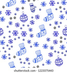 Dark BLUE vector seamless cover with beautiful snowflakes, balls, socks, mittens. Shining colorful illustration in christmas style. Pattern for trendy fabric, wallpapers.