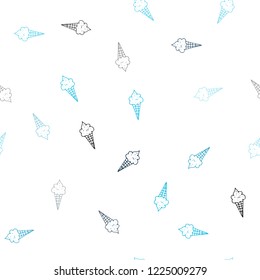 Dark BLUE vector seamless cover with sundae ice-cream. Decorative design of ice-cream cones in doodle style. Design for ad, poster, banner of cafes, restaurants.