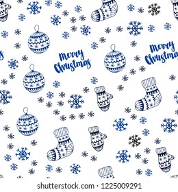 Dark BLUE vector seamless cover with beautiful snowflakes, balls, socks, mittens. Shining colorful illustration in christmas style. Design for wallpaper, fabric makers.
