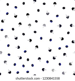 Dark BLUE vector seamless cover with set of coffee beans. Colorful illustration with gradient coffee beans, mugs. Doodle design for your business advert of cafes.