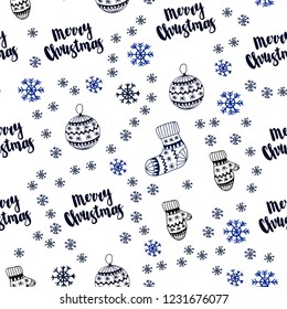 Dark BLUE vector seamless cover with beautiful snowflakes, balls, socks, mittens. Colorful xmas elements with gradient. Design for textile, fabric, wallpapers.
