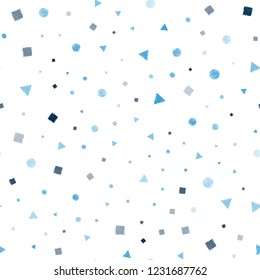 Dark BLUE vector seamless cover with polygonal style with circles. Abstract illustration with colorful dots, lines, cubes. Pattern for design of window blinds, curtains.