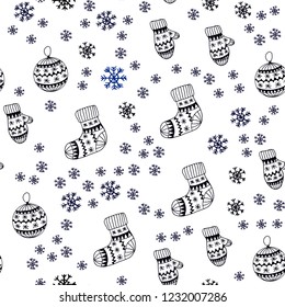 Dark BLUE vector seamless cover with beautiful snowflakes, balls, socks, mittens. Modern geometric abstract illustration. Design for wallpaper, fabric makers.
