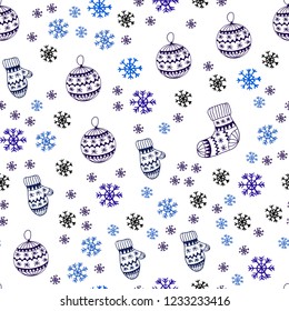 Dark BLUE vector seamless cover with beautiful snowflakes, balls, socks, mittens. Shining colorful illustration in christmas style. Design for textile, fabric, wallpapers.