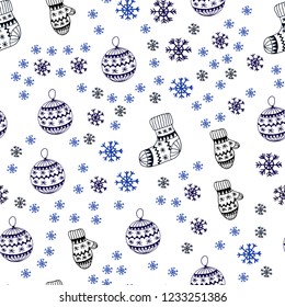 Dark BLUE vector seamless cover with beautiful snowflakes, balls, socks, mittens. Glitter abstract illustration with gradient. Texture for window blinds, curtains.